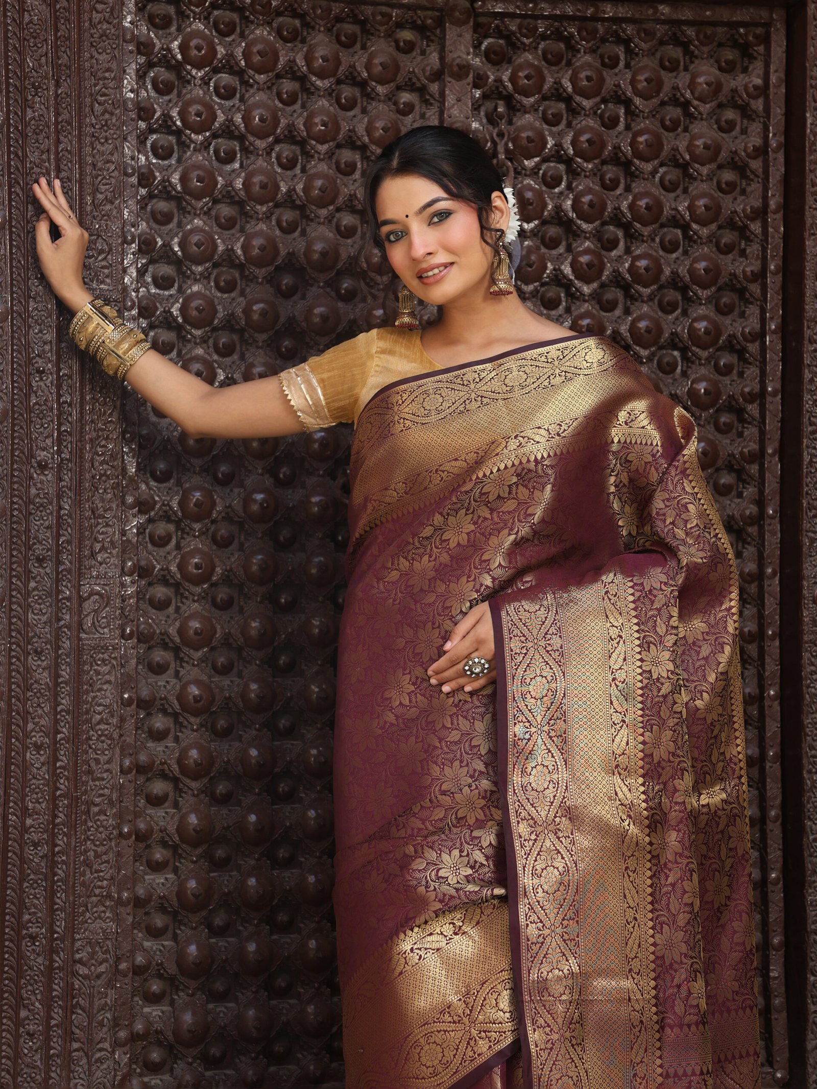 JACQUARD Saree - BROWN - Image 3