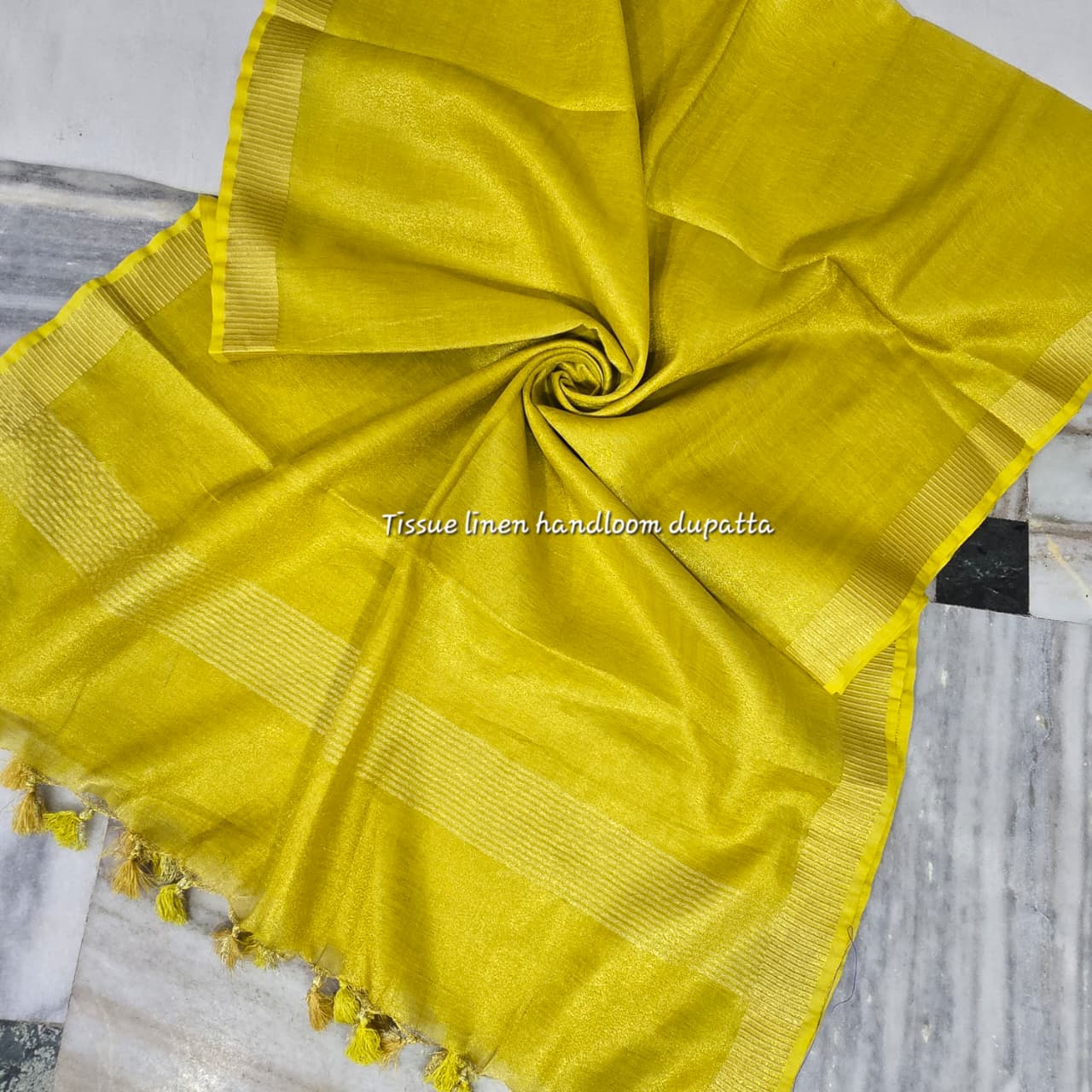 TISSUE LINEN GOLDEN BORDER DUPATTA WITH POM POM (2.5 METERS)