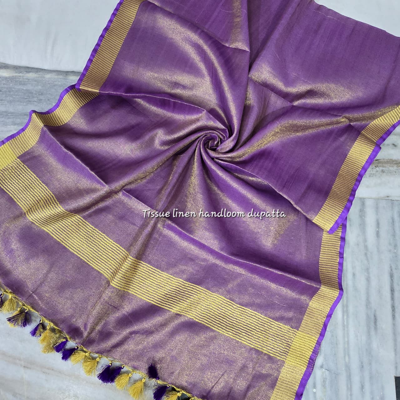 TISSUE LINEN GOLDEN BORDER DUPATTA WITH POM POM (2.5 METERS)