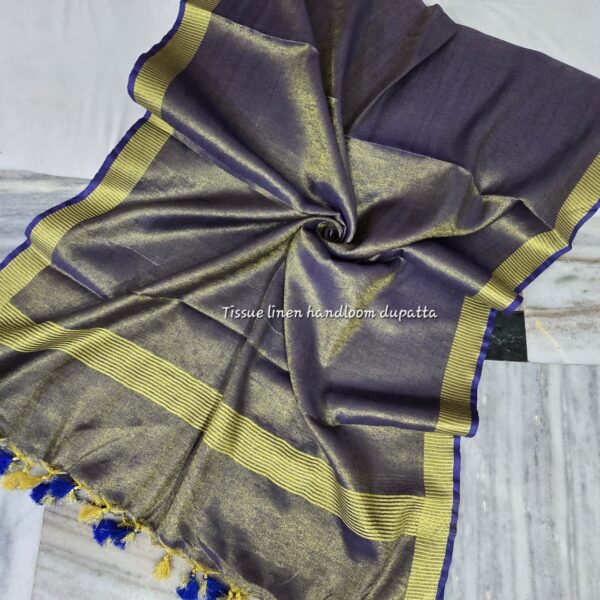 TISSUE LINEN GOLDEN BORDER DUPATTA  WITH POM POM (2.5 METERS)