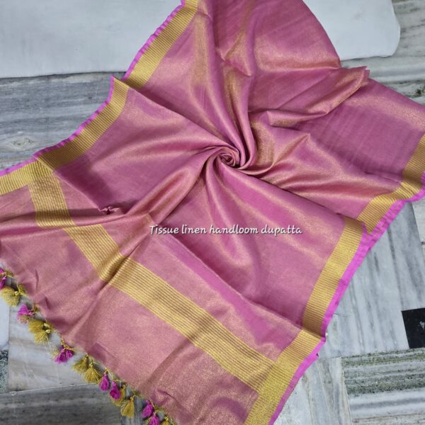 TISSUE LINEN GOLDEN BORDER DUPATTA  WITH POM POM (2.5 METERS)
