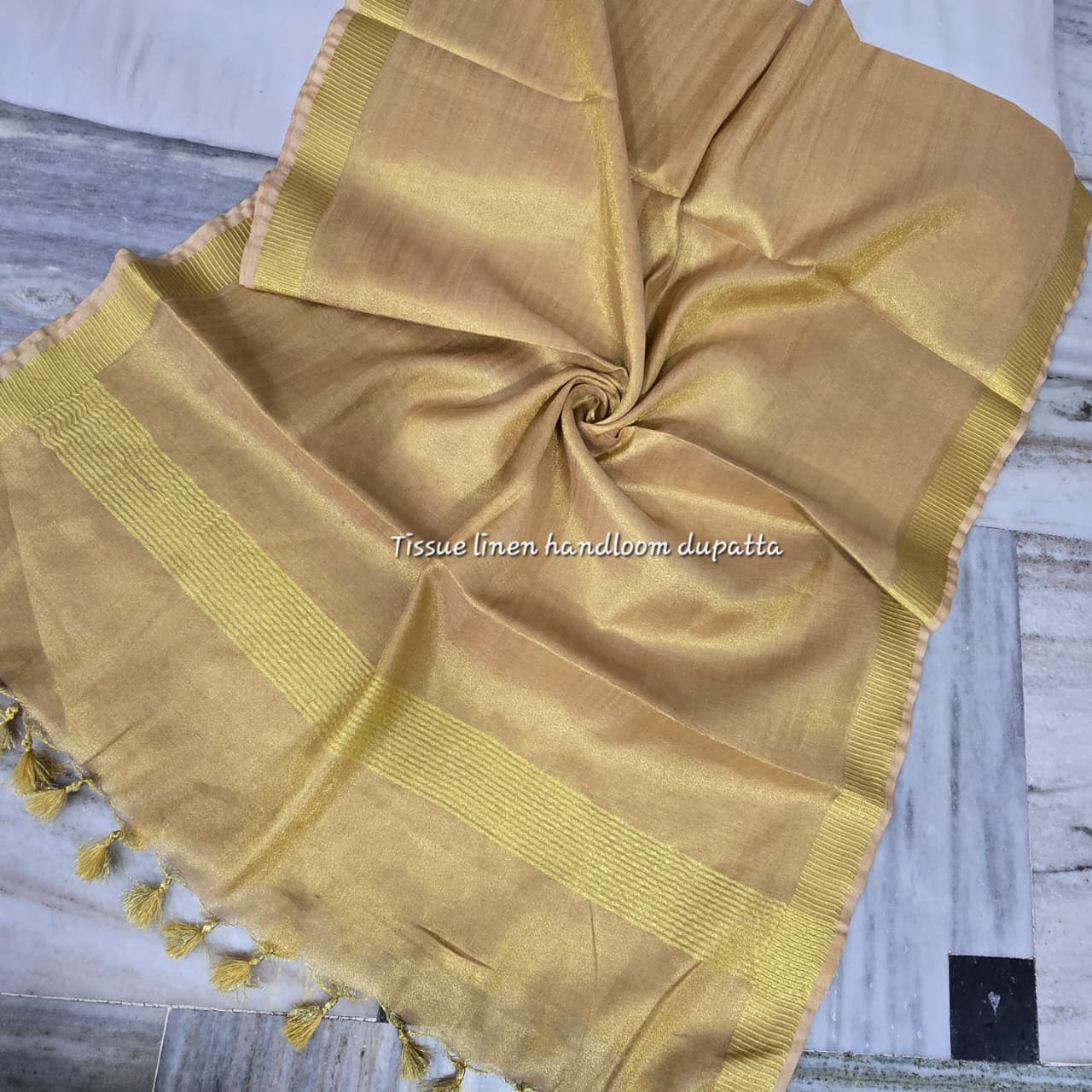 TISSUE LINEN GOLDEN BORDER DUPATTA WITH POM POM (2.5 METERS)