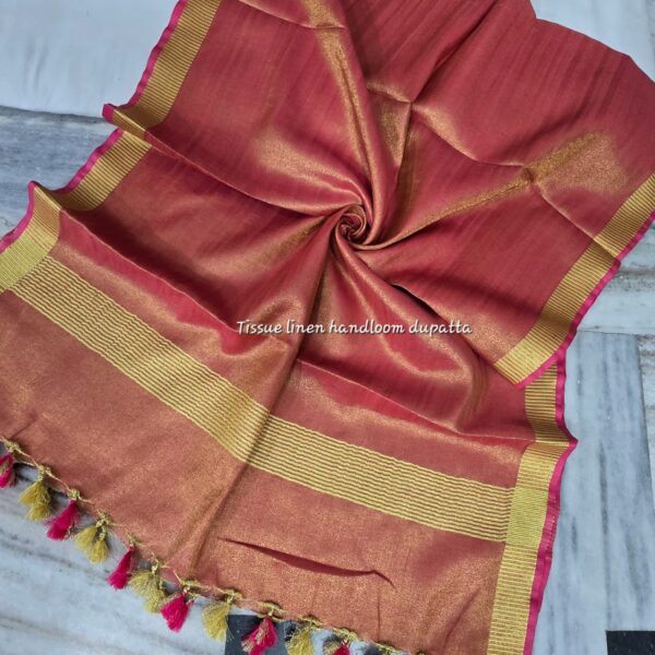 TISSUE LINEN GOLDEN BORDER DUPATTA  WITH POM POM (2.5 METERS)
