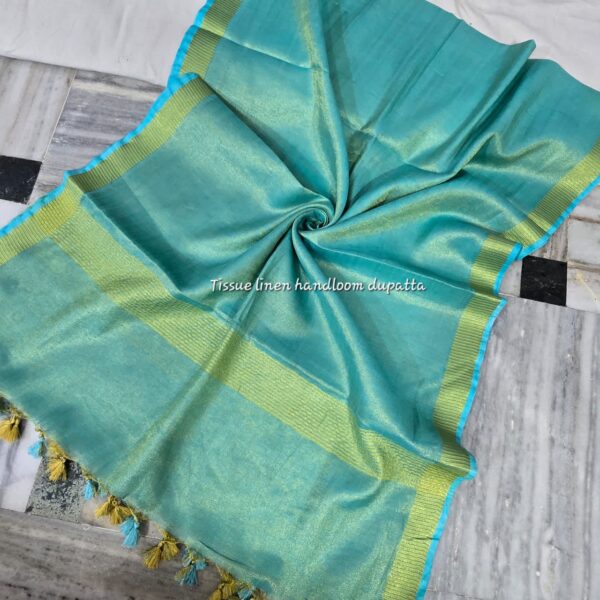 TISSUE LINEN GOLDEN BORDER DUPATTA  WITH POM POM (2.5 METERS)