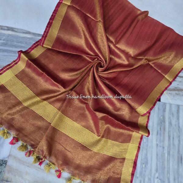 TISSUE LINEN GOLDEN BORDER DUPATTA  WITH POM POM (2.5 METERS)