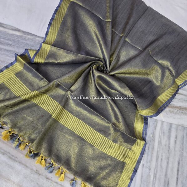TISSUE LINEN GOLDEN BORDER DUPATTA  WITH POM POM (2.5 METERS)