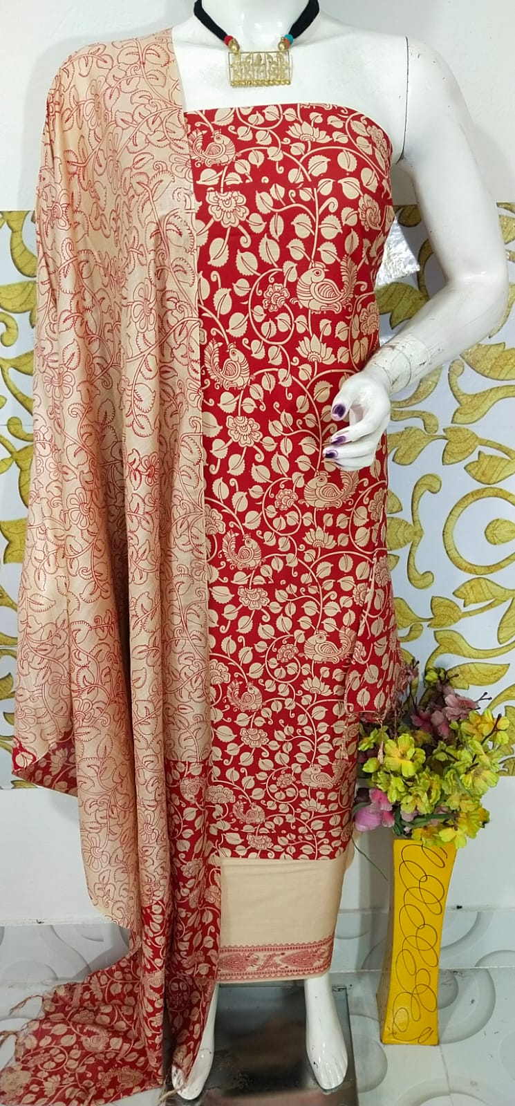 SEMI SILK HAND PRINTED UNSTITCHED DRESS MATERIAL WITH DUPATTAS