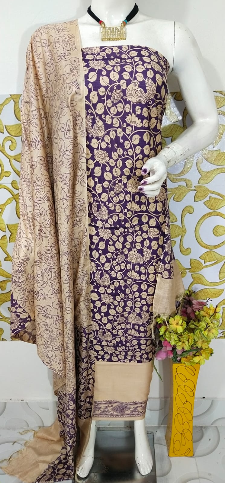 SEMI SILK HAND PRINTED UNSTITCHED DRESS MATERIAL WITH DUPATTAS