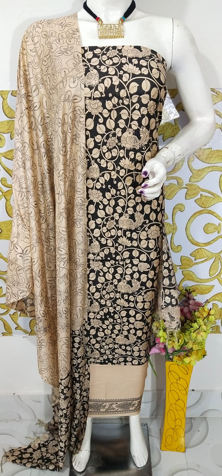 SEMI SILK HAND PRINTED UNSTITCHED DRESS MATERIAL WITH DUPATTAS