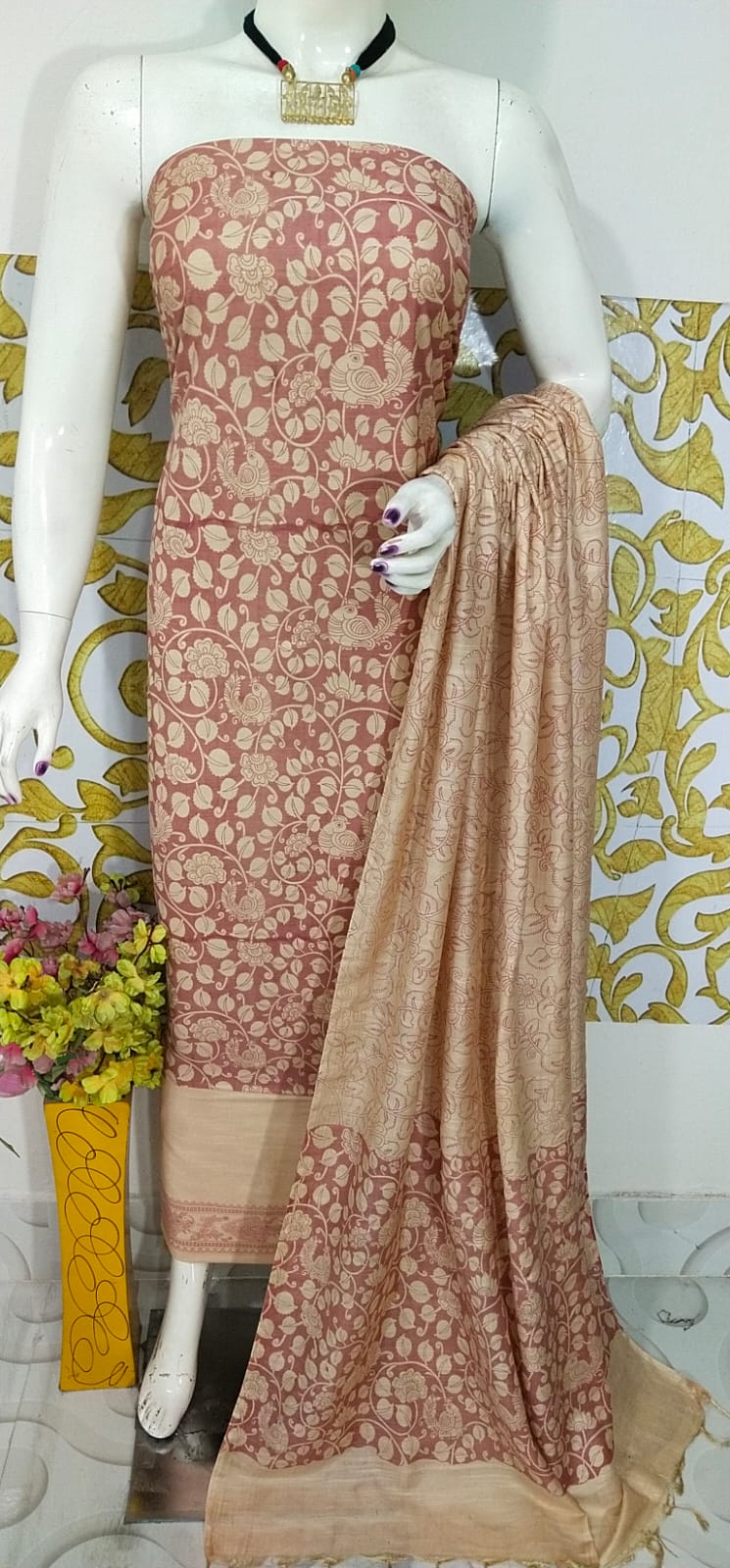 SEMI SILK HAND PRINTED UNSTITCHED DRESS MATERIAL WITH DUPATTAS - Image 2