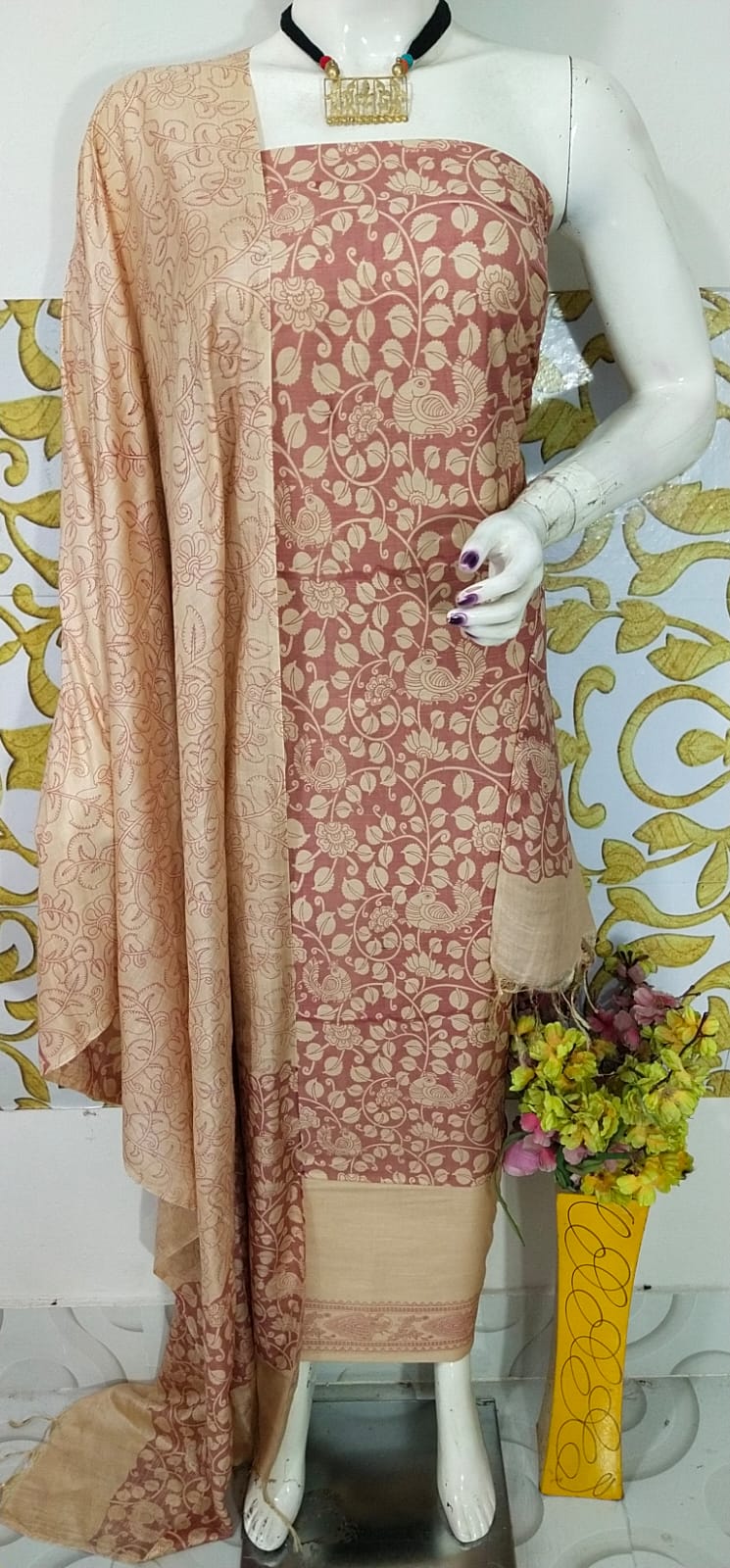 SEMI SILK HAND PRINTED UNSTITCHED DRESS MATERIAL WITH DUPATTAS